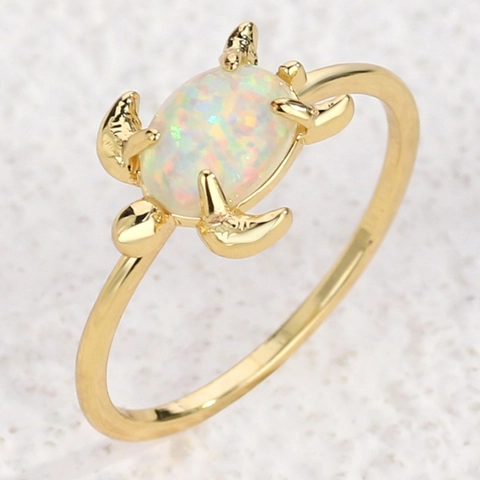 Anillo de Tortuga Marina de Cobre Chapado en Oro Plata Vintage Minimalista Con Opalo Sintético Blanco Azul Joyería Mujer