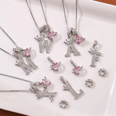 Crown 26 English Letters Pendant Necklace For Women Gold Silver Plated Copper Rhinestone Heart Planet Box Chain Initial Necklace