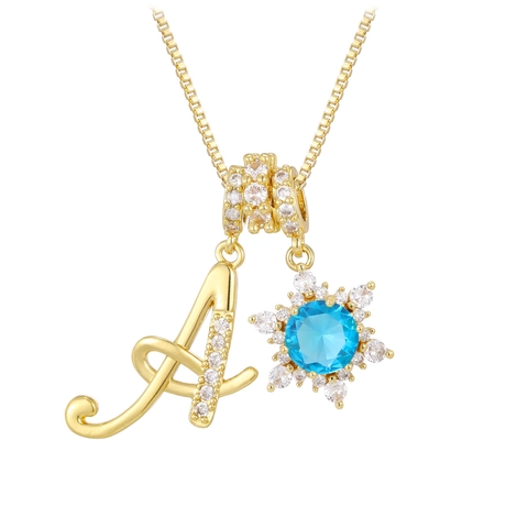 Zirkonia Kupfer Vergoldet Initialbuchstabe Schneeflocke Anhänger Halskette Für Damen Blauer Edelstein Chic Modeschmuck
