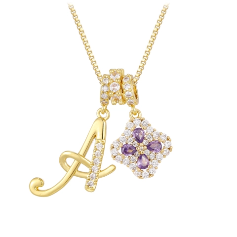 Elegant Gold Plated Copper Necklace Initial Letter Pendant Purple Clover Flower Charm Zirconia Inlaid Jewelry For Women