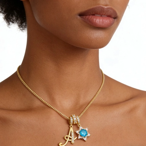 18K Gold Plated Copper Zircon Pavé Initial Letter Snowflake Pendant Necklace For Women Shiny Clavicle Box Chain Jewelry