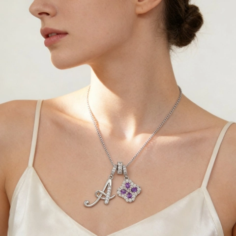 Elegant Gold Plated Copper Necklace Initial Letter Pendant Purple Clover Flower Charm Zirconia Inlaid Jewelry For Women