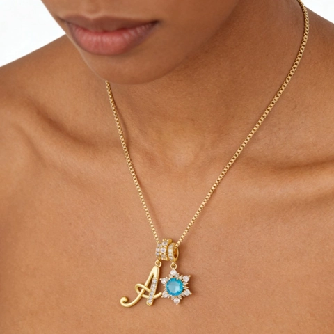 Micro Inlaid Zirconia Snowflake Pendant Eight-Pointed Star Alphabet Letter Necklace For Women Gold Silver Plated Jewelry