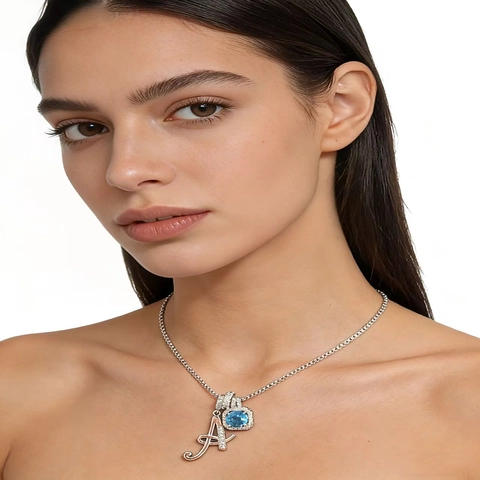 Fashion Copper Rhinestone Letter Pendant Necklace For Women Elegant Blue Gemstone Alphabet Jewelry Everyday Gifts