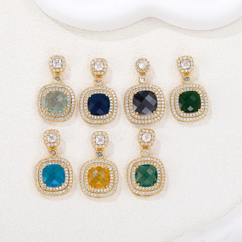 Vintage French Style Copper Gold Plated Square Colorful Gemstone Pendant With Rhinestone Halo Luxurious Decorative Pendant Only