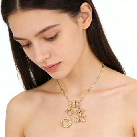Mode Kupfer Alphabet Bär Anhänger Halskette Zirkonia Besetzt Gold Silber Box Kette Halskette Für Damen Täglich Schmuck Geschenk