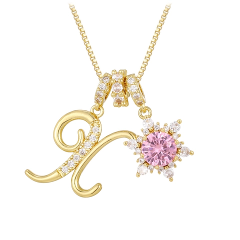 Copper 26 Letter Pendant Necklace Women Pink Rhinestone Snowflake Double Layer Box Chain Gold Silver Jewelry A-Z Gift