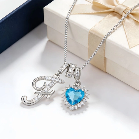 Elegant Silver Tone Copper Initial Letter Heart Pendant Necklace With Blue Cubic Zirconia Box Chain Jewelry For Women