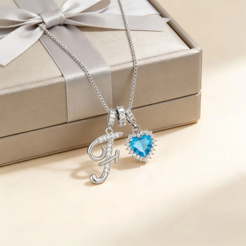 Elegant Silver Tone Copper Initial Letter Heart Pendant Necklace With Blue Cubic Zirconia Box Chain Jewelry For Women