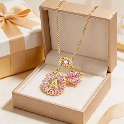 Collar con Colgante de Planeta de Corazón Rosa de Diamantes de Imitación de Cobre de Lujo Ligero para Mujer Joyería de Moda con Cadena de Caja de Letras Iniciales del Alfabeto