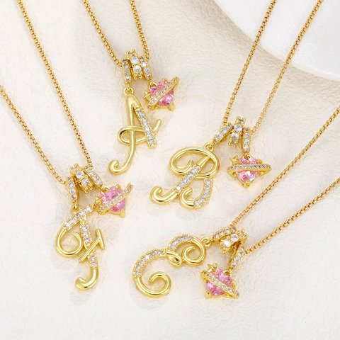 Luxury Copper Zirconia Initial Letter Necklace For Women With Pink Heart Planet Saturn Pendant Gold Silver Fashion Jewelry