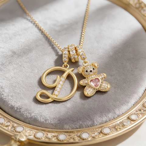 Alphabet Letter Bear Pendant Necklace With Pink Heart Zirconia Inlaid Gold Silver Plated Copper Box Chain Women Jewelry