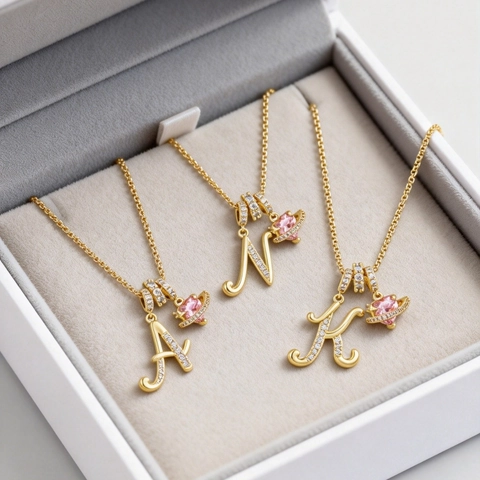 Alphabet Anfangsbuchstabe Halskette Rosa Herz Planet Anhänger Damen Gold Silber Kupfer Zirkonia Box Kette Schmuck Geschenk