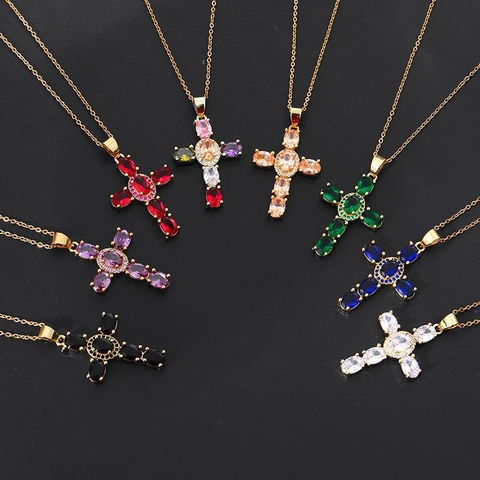 Cross Pendant Necklace Copper Zirconia Real Gold Plated Luxury Dainty Jewelry Religious Style For Women Men