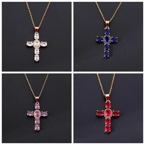 Cross Pendant Necklace Copper Zirconia Real Gold Plated Luxury Dainty Jewelry Religious Style For Women Men