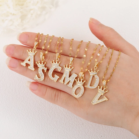 Copper Crown Initial Letter Pendant Necklace Zirconia Inlaid Gold Silver A-Z Name Necklaces For Women Fashion Jewelry