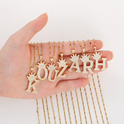 Hip Hop Copper Zirconia Initial Letter Crown Pendant Necklace Gold Silver Plated Chain For Women Men Jewelry Gift