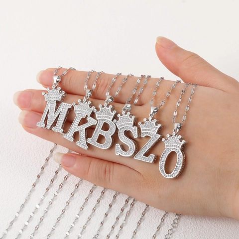 Hip Hop Copper Zirconia Initial Letter Crown Pendant Necklace Gold Silver Plated Chain For Women Men Jewelry Gift