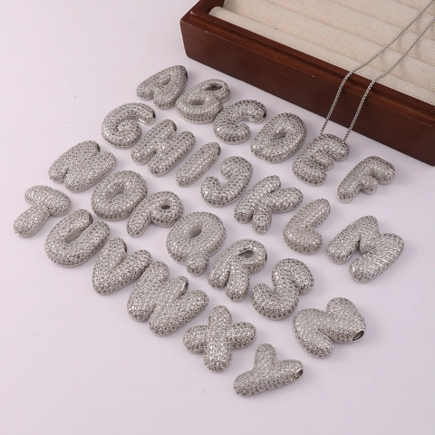 Bubble Initial Pendant Necklace Copper Rhinestone Gold Silver Plated 26 Alphabet Capital Letter 3D Puffy Fashion Jewelry