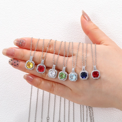 Elegant Copper Zirconia Square Halo Pendant Necklace For Women Colorful Gemstone Fashion Jewelry Valentine's Day Gift