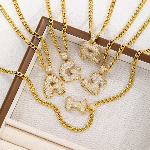 Iced Out Hip Hop Bubble Alphabet Pendant Necklace Copper Gold Plated Zirconia Micro Inlaid 26 Letters Jewelry Cuban Link Chain