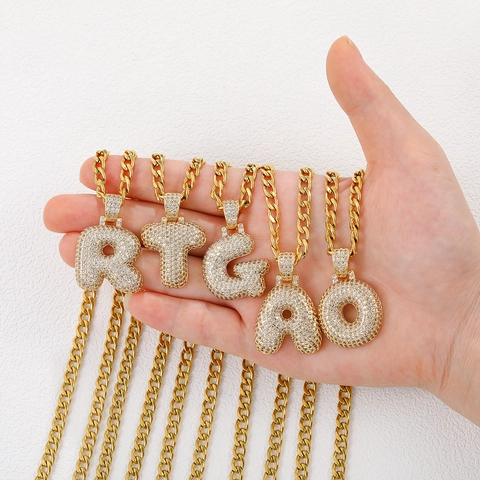 Iced Out Hip Hop Bubble Alphabet Pendant Necklace Copper Gold Plated Zirconia Micro Inlaid 26 Letters Jewelry Cuban Link Chain