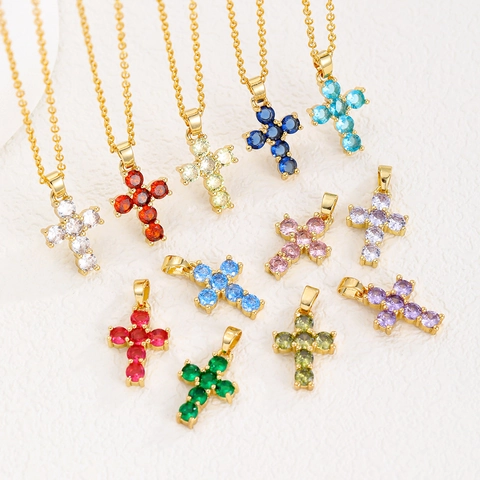 18K Vergoldetes Kupfer Geburtsstein Kreuz Anhänger Halskette Kleine Strass Religiöse Kreuz Schmuck Für Damen Geburtstag Geschenk