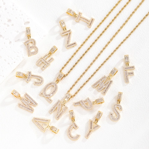 Hip Hop Iced Out Initial Letter Pendant Necklace For Men Women Copper Zirconia Gold Silver Plated Rope Chain Jewelry Gift