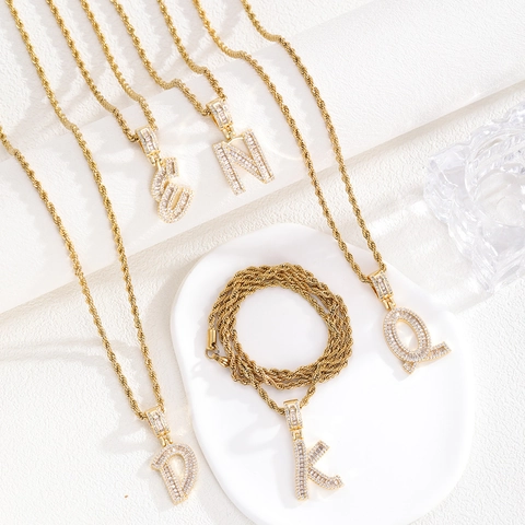 Hip Hop Iced Out Initial Letter Pendant Necklace For Men Women Copper Zirconia Gold Silver Plated Rope Chain Jewelry Gift