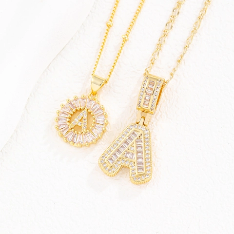 Hip Hop Gold Plated Copper Iced Out Zirconia Initial Letter Necklace For Men Women Baguette Cut Zirconia Pendant Neck Jewelry