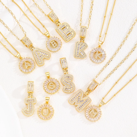 Hip Hop Gold Plated Copper Iced Out Zirconia Initial Letter Necklace For Men Women Baguette Cut Zirconia Pendant Neck Jewelry