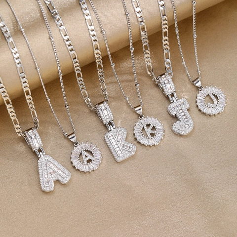 Kupfer Zirkonia Buchstaben Anhänger Halskette 18K Vergoldet Baguette Iced Out Figaro Kette Personalisierter Schmuck Damen Herren