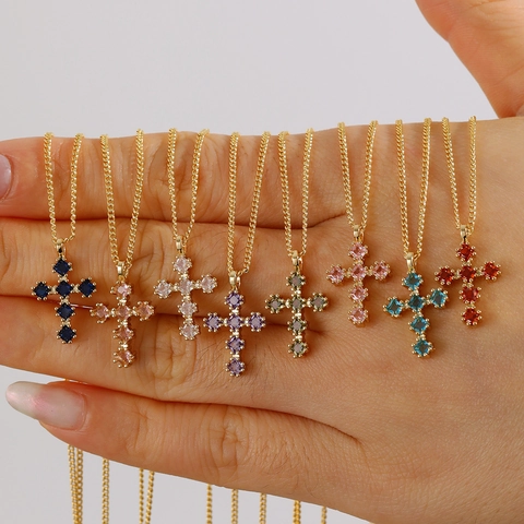 Vintage Gold Plated Copper Micro Inlaid Zirconia Cross Pendant Necklace For Women Religious Birthstone Clavicle Jewelry