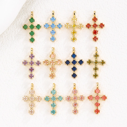 Vintage Gold Plated Copper Micro Inlaid Zirconia Cross Pendant Necklace For Women Religious Birthstone Clavicle Jewelry