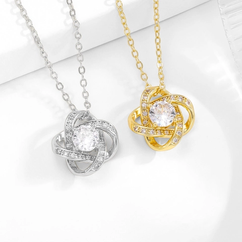 Mode Rotierendes Vierblättriges Kleeblatt Liebesknoten Anhänger Halskette Legierung Edelstahl Kette Strass Schmuck Für Damen Geschenk