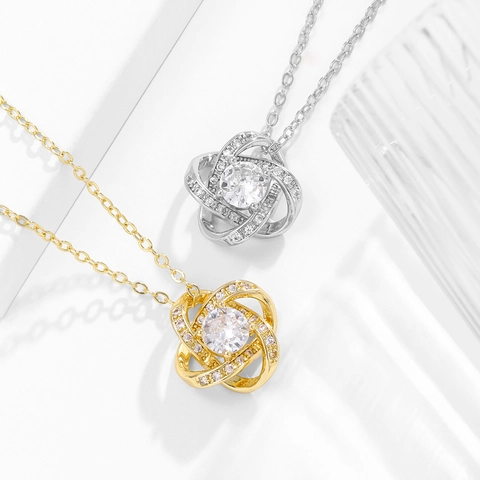 Mode Rotierendes Vierblättriges Kleeblatt Liebesknoten Anhänger Halskette Legierung Edelstahl Kette Strass Schmuck Für Damen Geschenk