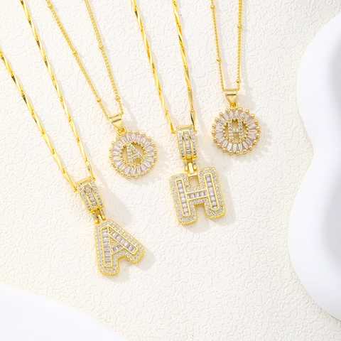 Gold Plated Copper Zirconia Initial Letter Pendant Necklace Iced Out Baguette Crystal Floral Medallion Jewelry For Women