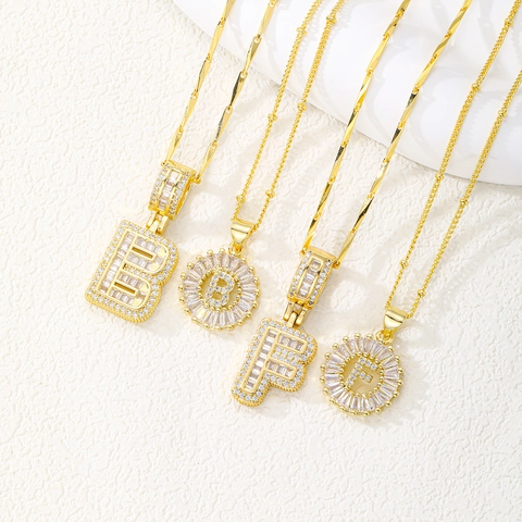 Gold Plated Copper Zirconia Initial Letter Pendant Necklace Iced Out Baguette Crystal Floral Medallion Jewelry For Women