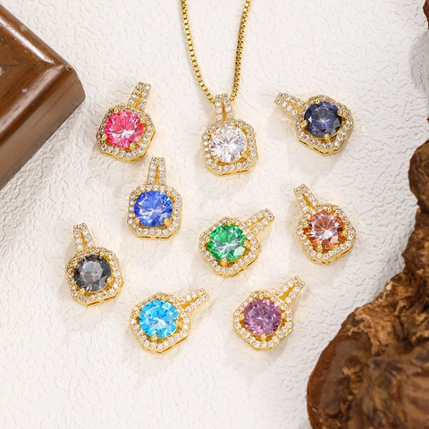 Luxury Zirconia Octagon Pendant Necklace For Women Shiny Colorful Round Stone Gold Plated Box Chain Clavicle Choker Jewelry