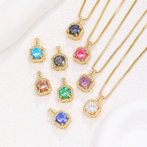 Luxury Zirconia Octagon Pendant Necklace For Women Shiny Colorful Round Stone Gold Plated Box Chain Clavicle Choker Jewelry