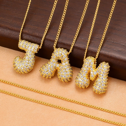 18K Gold Plated Copper Bubble Alphabet Pendant Necklace For Unisex Iced Out Zirconia Balloon Letter Pendant Jewelry No Chain Option