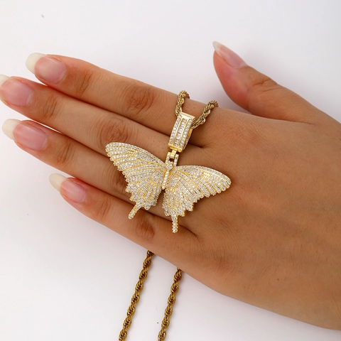 Hip Hop Iced Out Schmetterling Anhänger Halskette Für Damen Herren Kupfer Bling Zirkonia Schmetterling Schmuck Mit Kordelkette