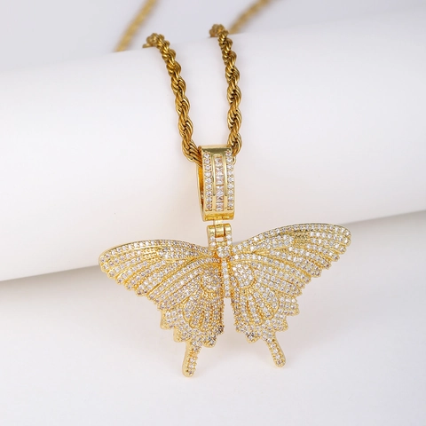 Hip Hop Iced Out Schmetterling Anhänger Halskette Für Damen Herren Kupfer Bling Zirkonia Schmetterling Schmuck Mit Kordelkette