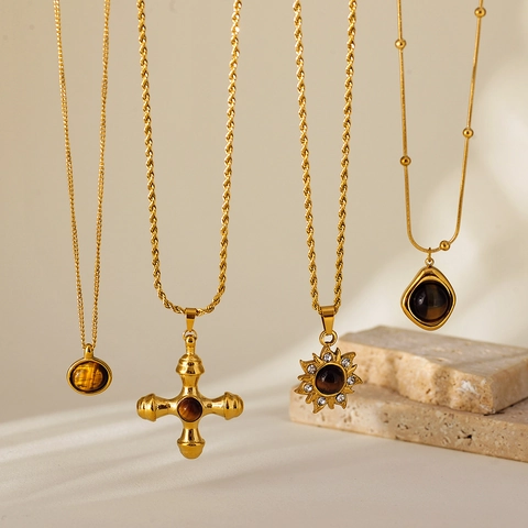 Vintage Tiger Eye Stone 304 Stainless Steel Necklace For Women Real Gold Plated Sunflower Cross Pendant Jewelry Holiday Accessory