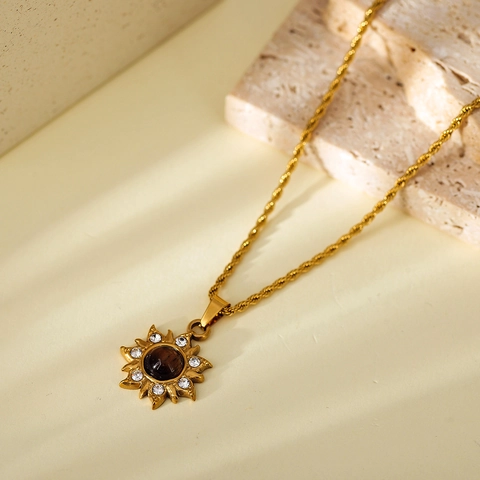 Vintage Tiger Eye Stone 304 Stainless Steel Necklace For Women Real Gold Plated Sunflower Cross Pendant Jewelry Holiday Accessory