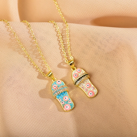 Funny Slipper Pendant Necklace Copper Gold Plated Enamel Evil Eye Design Rhinestone Inlaid Bohemian Summer Jewelry For Women
