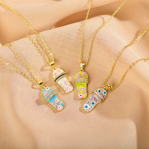 Funny Slipper Pendant Necklace Copper Gold Plated Enamel Evil Eye Design Rhinestone Inlaid Bohemian Summer Jewelry For Women