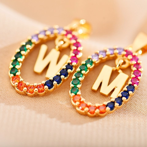 Rainbow Zircon English Alphabet Letter Pendant Necklace Stainless Steel Chain Gold Plated Colorful Initial Jewelry For Women
