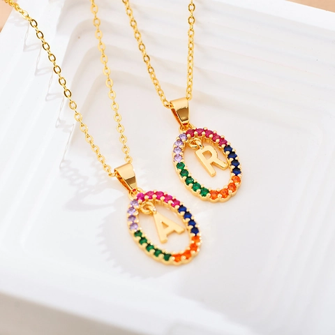 Rainbow Zircon English Alphabet Letter Pendant Necklace Stainless Steel Chain Gold Plated Colorful Initial Jewelry For Women
