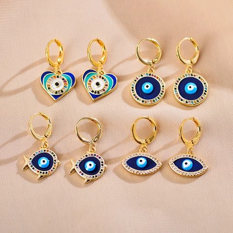 Gold Plated Copper Evil Eye Drop Earrings For Women Luxury Enamel Heart Hamsa Hand Fish Zirconia Hoop Earrings Jewelry